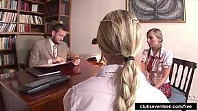 these cute blonde and brunette teens are fucking the professor in wild hardcore group action!!