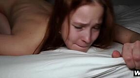 Redhead teen handles rough domination from two guys in homemade clip