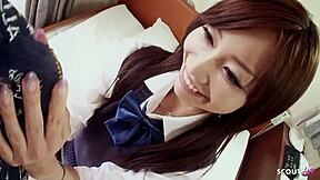 Petite Japanese teen 18+ with bushy pussy gets picked up by older guy for private uncensored POV defloration creampie sex. She rides in cowgirl and missionary during her first time casting interview.