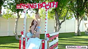 Blonde And Brunette College Teens Lick Hairy Pussies In Outdoor Kissing Booth. Petite Lesbians Face Sit And Masturbate In Public Hardcore Session.