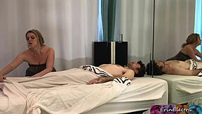 Is this horny blonde masseuse with big natural tits really taking a wild ride on her client's monster cock until cumshot?