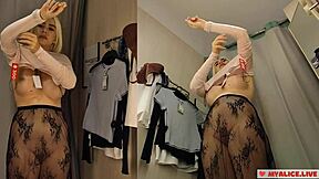 Horny Blonde Tries On Sexy See-Through Clothes In Changing Room With Wet Pussy Feelings