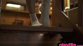 The petite ebony milf strips naked. She reveals her big natural boobs in solo striptease.