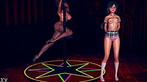 Suggestive busty step mom in pantyhose teases shy teen daughter with striptease at work in 3D cartoon