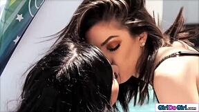 poolside big tits lesbian pussy licking with brunette latina milf and young petite tattoo sucking tits outdoors