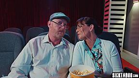 Cinema time contrasts with teen 18+ Athena Faris moaning during movie while riding boyfriend's cock