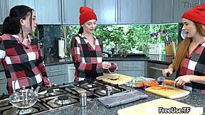 Riley Jean, Serena Hill, and Violet Spice tease Donnie Rock into Thanksgiving threesome reconciliation in kitchen