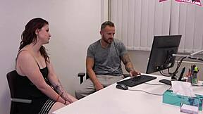 Chubby German teen girl next door bends over desk for fucking with shy boss in office