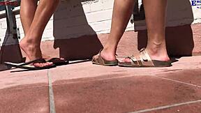 I got so excited on the balcony with these two amateur girls giving me footjobs barefoot, then we had outdoor threesome sex with my big dick.