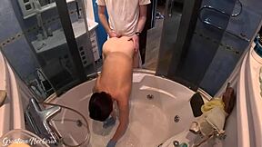 Brunette girl next door with long hair and natural tits moans loud during doggystyle fucking in bath by neighbor's big cock.