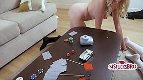 game night with blonde and brunette step sisters turns into caught fingering and group sex