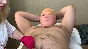 Intimate kinky nurse milf waxes petite patient's shaved pussy