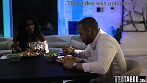 petite ebony milf spots her bbc husband cheating... now she dominates his ass hard