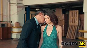 daddy spots son's skinny girlfriend on sofa and rides her shaved pussy reverse cowgirl style