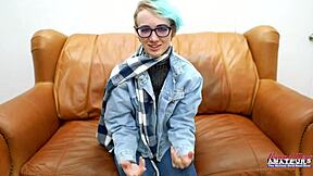 Blue Haired Raven Fingers Shaved Pussy Then Rides Cock To Facial Cum Swallow