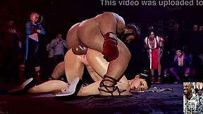 chun-li's tight bald pussy gets ryu missionary ass fucked for creampie