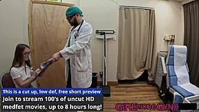 Miraa Monroe spreads shaved pussy in latex gloves for vibrator gyno exam