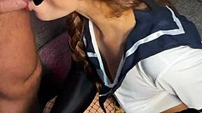 naughty redhead cosplay date in pantyhose covered in cum after rough cowgirl?