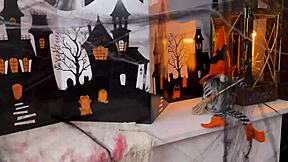 Halloween night bisexual brunettes in costumes lick pussy ride cock in ffm threesome