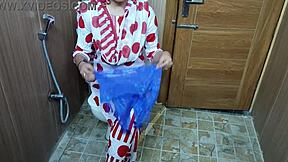 Hindi stepmom catches teen stepson peeking while changing and begs for bent over fuck