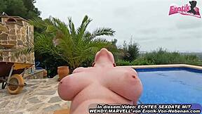 german big tits teen anal fucked outdoors by pool pov
