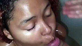 Brazilian ebony in hot bath deepthroats big cock ends with facial cum 💦😍