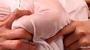 Japanese teen gives sloppy oiled pov blowjob cum swallow