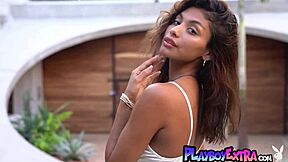 vulnerable skinny latina carolina reyes strips naked outdoor for playboy!! 😲 natural tits posing pussy tease