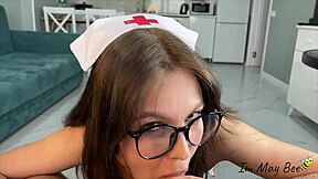 Petite nurse slurps patient's huge cock in sloppy deepthroat emergency