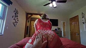 blonde milf wife in red bodysuit moans doggystyle close-up begging for thick creampie finish