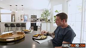 stepmom grabs stepson's dick hard while stepdad's away at work