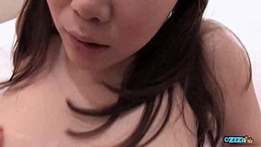 this pretty-faced angel strips naked then bounces cowgirl on dude's cock rough