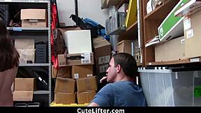 Shoplifter teen with braces fucked hard in shop before boyfriend