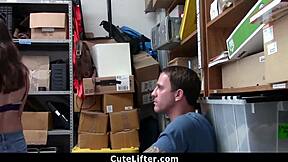 Shoplifter teen with braces fucked hard in shop before boyfriend