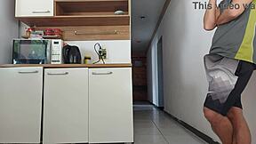 😈 risky kitchen fuck with hubby's friend while he showers almost caught bareback! 🔥