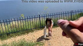 hey skinny brunette, flash that pussy and handjob my huge cock outdoors till i cum