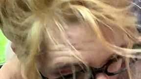 streetwalker in glasses deepthroats cock bends over car swallows cum after pov public facial from chubby guy