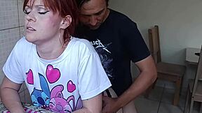 Hot redhead teen bends over the kitchen sink as stepbrother pounds her from behind