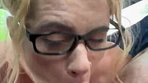 streetwalker in glasses deepthroats cock bends over car swallows cum after pov public facial from chubby guy