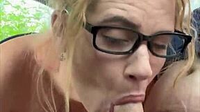 streetwalker in glasses deepthroats cock bends over car swallows cum after pov public facial from chubby guy