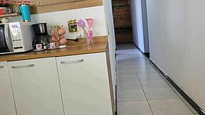 risky fuck with hubby's friend while he showers... almost caught mid-moan!