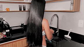 Skinny petite teen cleans cum off big dick before first tight anal