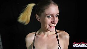 blonde skinny cutie deepthroats then gets pussy pounded hard