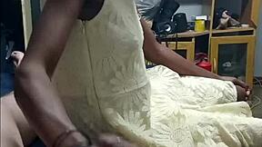 Wife sucks while black slut hands my cock with her tiny tits out