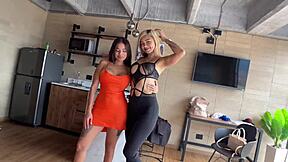 pov bisexual threesome turns sloppy with latina milfs deepthroating and rimming