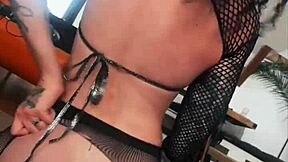 tattooed teen anal slut's rough pov cowgirl creampie in latex