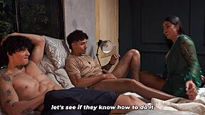 Stepson and friend jerk off as stepmom teaches pussy licking