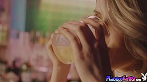 Blonde teen Amelia strips naked on bar counter seductively