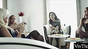 lesbian lovers in lingerie kiss and lick each other's smooth spots