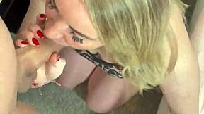 blonde stepmom in lingerie blows tattooed son in bedroom